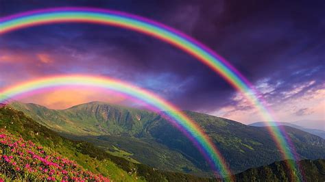 HD wallpaper: rainbow, double rainbow, nature, sky, purple sky, landscape | Wallpaper Flare