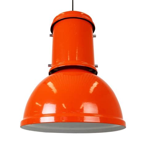 Large orange industrial Enameled Metal pendant light, 1950s | #1170