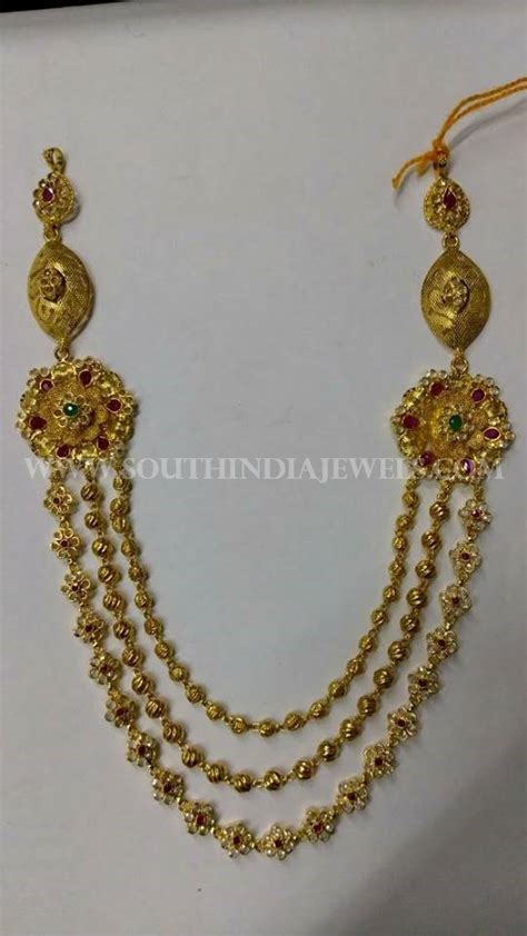 Gold Step Necklace With Side Mogappu - South India Jewels