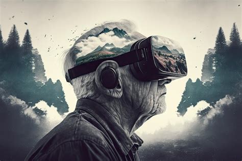 Premium AI Image | Elderly man using hmd vr headset double exposure