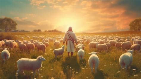 Premium Photo | Shepherd Jesus Christ leading the sheep in the field Generative Ai