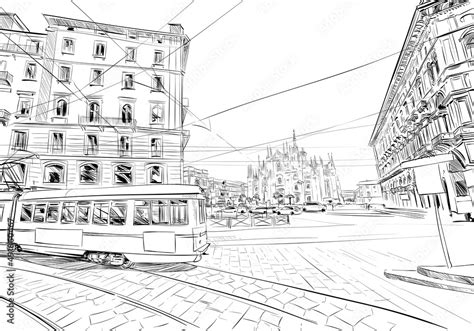 Milan. Italy. Piazza del Duomo. Milan Cathedral. Victor Emanuel II Gallery. Hand drawn sketch ...