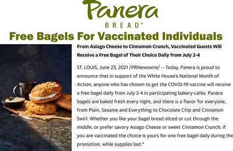 Free bagels daily for vaccinated at Panera Bread restaurants #panerabread | The Coupons App®