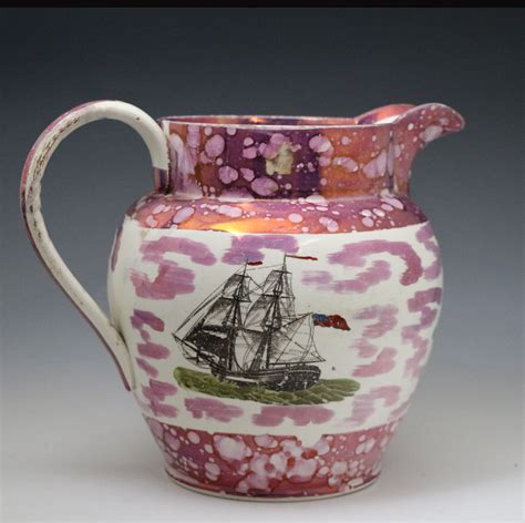 Antique English pottery pink lustre jug with nautical themes. early ...