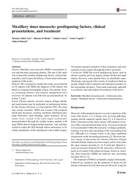 (PDF) Maxillary sinus mucocele: predisposing factors, clinical presentations, and treatment ...