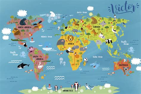 Vinyl rug for kids World Map with animals - TenStickers