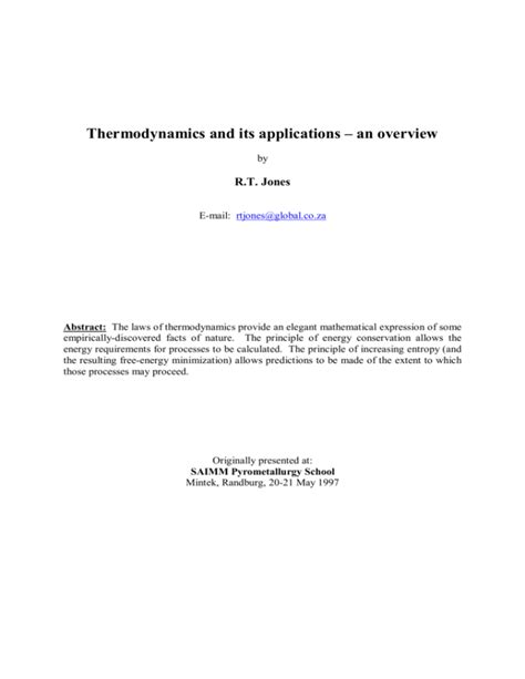 Thermodynamics and its applications – an overview