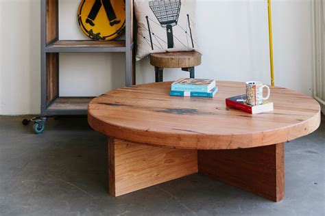 Low lying round coffee table, made from a selection of recycled mixed Australian hardwoods ...