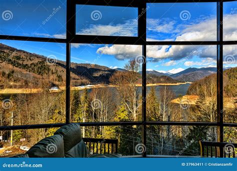 Picture Window With A View Of Mountain Lake Stock Image - Image: 37963411