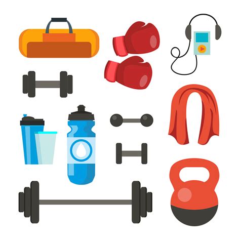 Fitness Icons Set Vector. Sport Tools Accessories. Bag, Towel, Weights ...