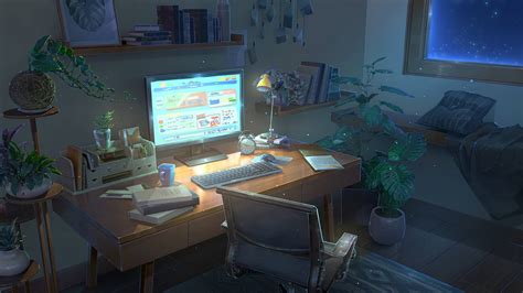 Download Desk With Potted Plants Anime Bedroom Wallpaper | Wallpapers.com