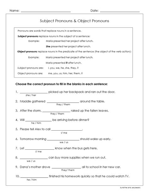 Subject & Object Pronouns - 4 worksheets - Grades 4-5-6 - Great ...