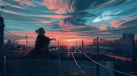 Anime Original HD Wallpaper: Urban Sunset Dreamscape by Alena Aenami