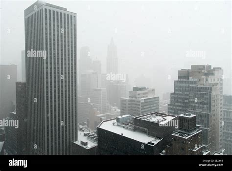 Aerial view of downtown Manhattan during a snowstorm in New York City ...