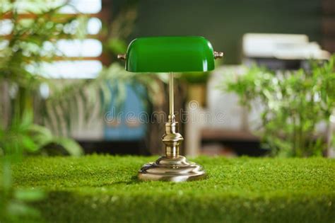 Grass Table in Modern Green Office with Laptop and Blank Screen Stock Image - Image of resources ...
