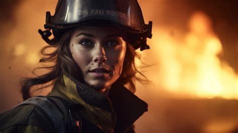 Premium Photo | Female Firefighter Posing in Front of Raging Fire With a Helmet Women History Day