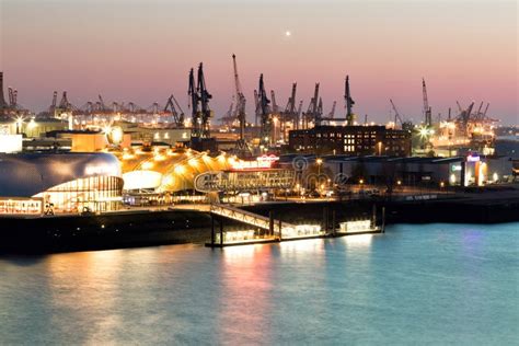 Hamburg harbor night view editorial stock photo. Image of container ...