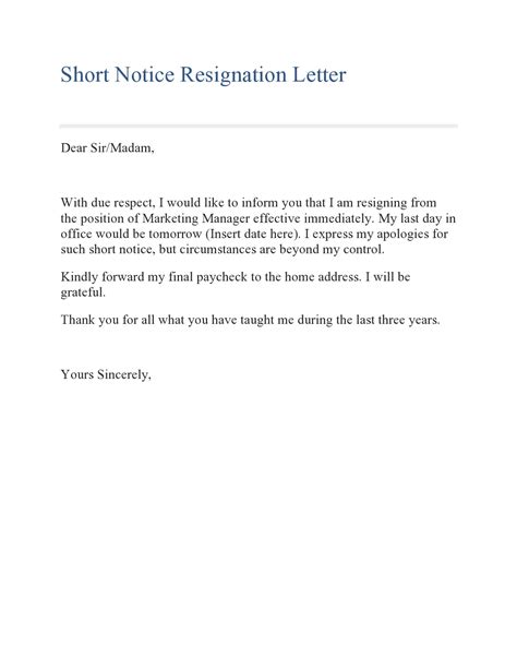 30+ Short Notice Resignation Letters (FREE) - TemplateArchive