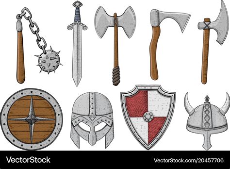 Viking weapons and ammunition collection colored Vector Image