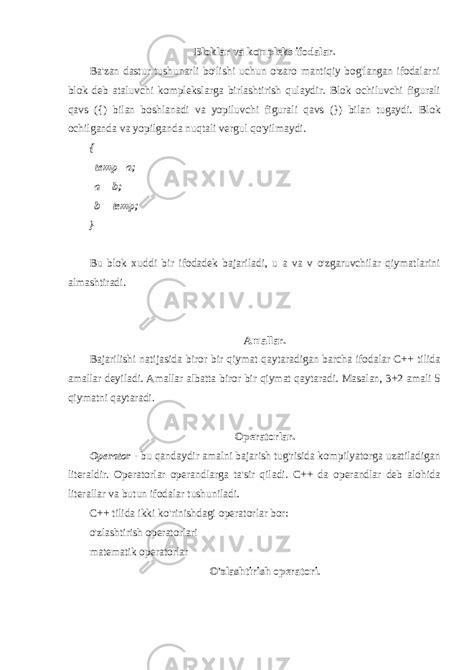 C++ dasturlash tilida ifodalar va operatorlar - Informatika va AT - Referatlar