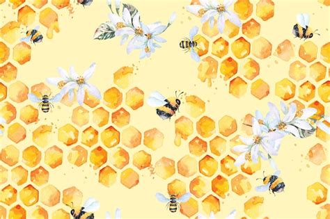 Premium Vector | Seamless pattern of bees and honeycomb and flowers ...