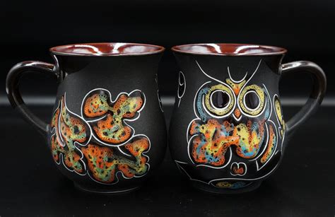 Coffee mug set of 2 Handmade mugs 9.5 oz Engraved and painted | Etsy