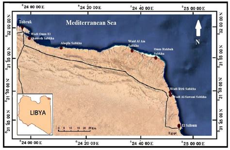 Satellite image showing the location of the studied coastal sabkhas in ...