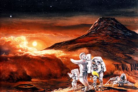 Artist's concept of the landing of the first human mission to Mars ...