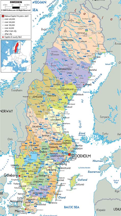 Large detailed political and administrative map of Sweden with all roads, cities and airports ...