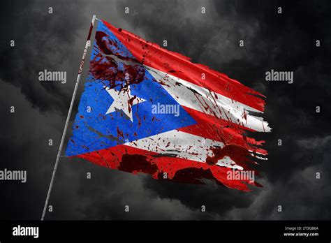 Puerto Rico torn flag on dark sky background with blood stains Stock ...