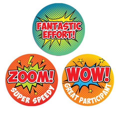 Teacher Stickers | Zoom, Wow, Fantastic Effort Superhero Sports Day Reward/Stickers. Free Delivery