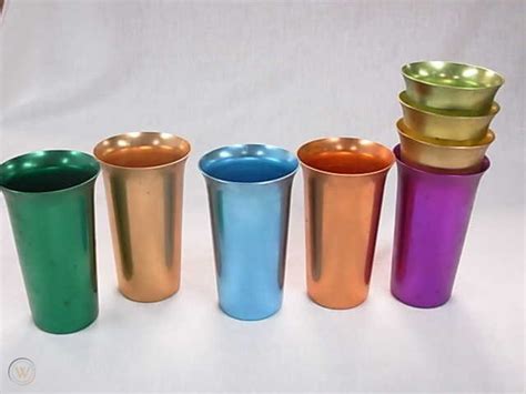 8 VINTAGE COLORFUL ALUMINUM DRINKING GLASSES CUPS | #36304628