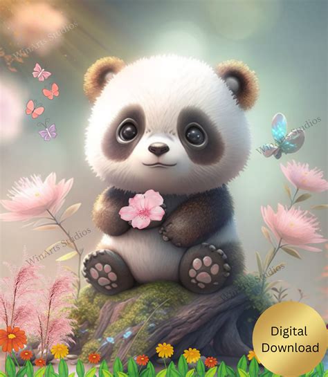 Panda Wall Art Cute Baby Panda in a Pink Flowers Garden Printable, Nursery Digital Instant ...