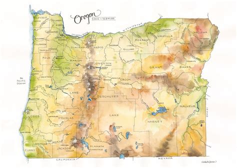 Oregon State Map Watercolor Illustration Portland Ashland | Etsy