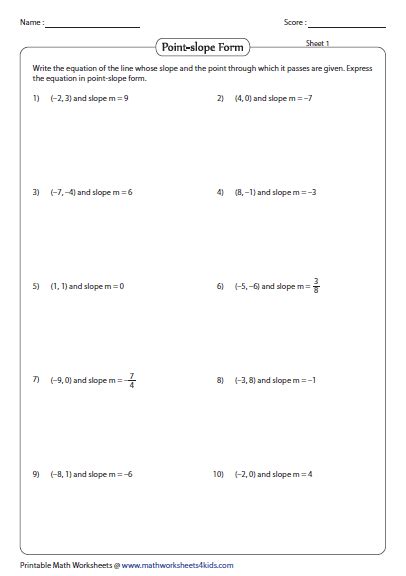 Algebra 1 Point Slope Form Worksheets