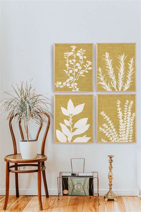 Mustard Yellow Wall Art Set of 4, Abstract Botanical Wall Decor, Mustard Yellow Decor, Printable ...