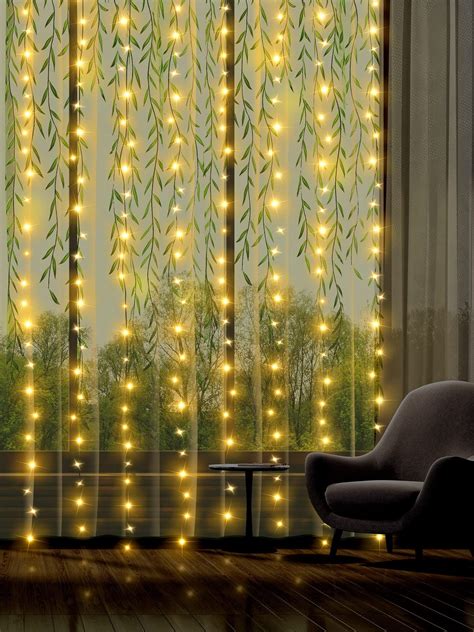 2 Pcs Willow Voile Curtains and LED Window Curtain String Light, 39.4 x 78.7 Inch Green Leaf ...