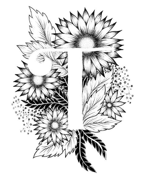 Letter T Print Alphabet, Calligraphy, Typography, Monogram, Flowers Black and White Ink Art ...