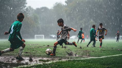 youth soccer game in rain, kids playing football wet weather, soccer splash action photo, young ...