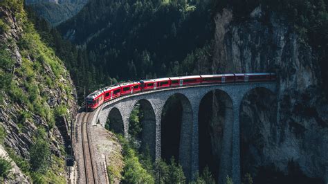 train, mountains, aerial view, bridge, railway, Switzerland, Bernina ...