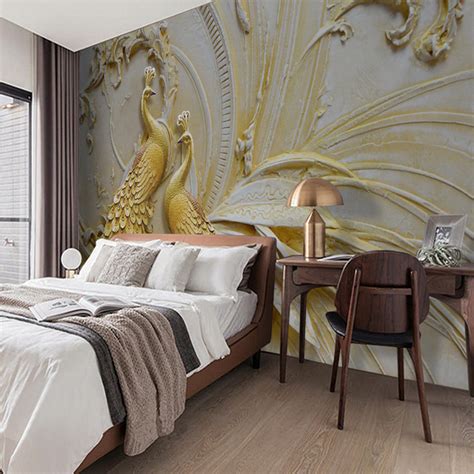 Custom Mural Wallpaper For Walls 3D Stereoscopic Embossed Golden Peacock Background Wall ...