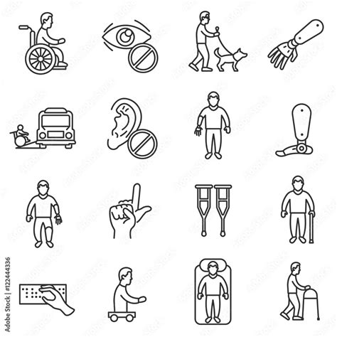 disability icons set, line style. assistance to disabled people isolated symbols collection ...