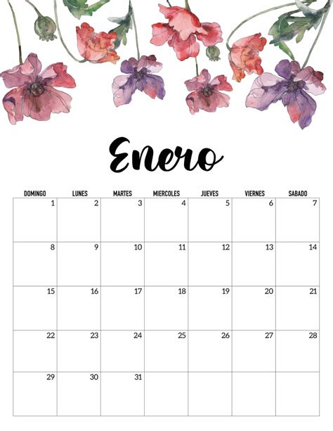 a calendar with watercolor flowers and the date in spanish for jan 20, 2020
