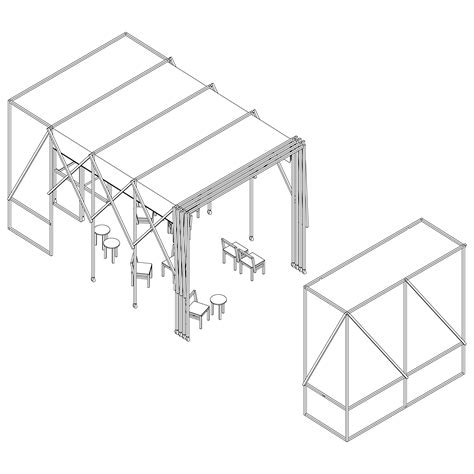 a line drawing of an outdoor pavilion with tables and stools