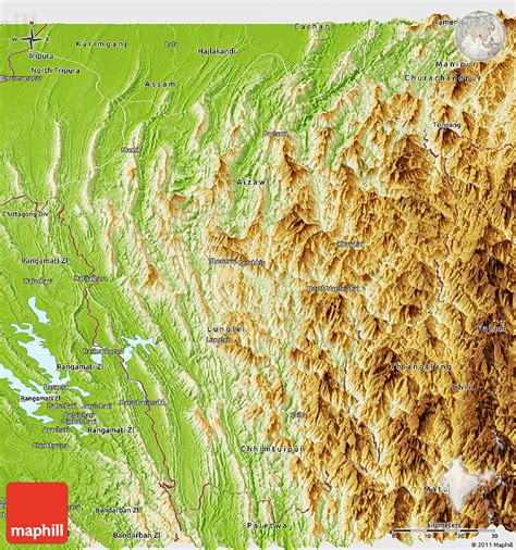 Physical Panoramic Map of Mizoram