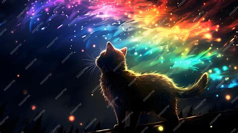 Premium AI Image | Fantasy illustration of a cat flying in the night sky with rainbow fire effect