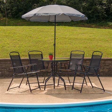 Flash Furniture Nantucket 6 Piece Black Patio Garden Set with Table, Umbrella and 4 Folding ...