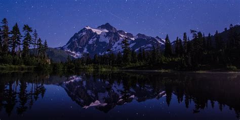 Landscape photography of snowy mountain's reflection on body of water during nighttime HD ...