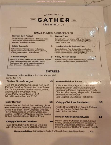 Menu at Gather Brewing Company restaurant, Universal City