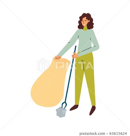 Cartoon woman picking up garbage from street... - Stock Illustration ...